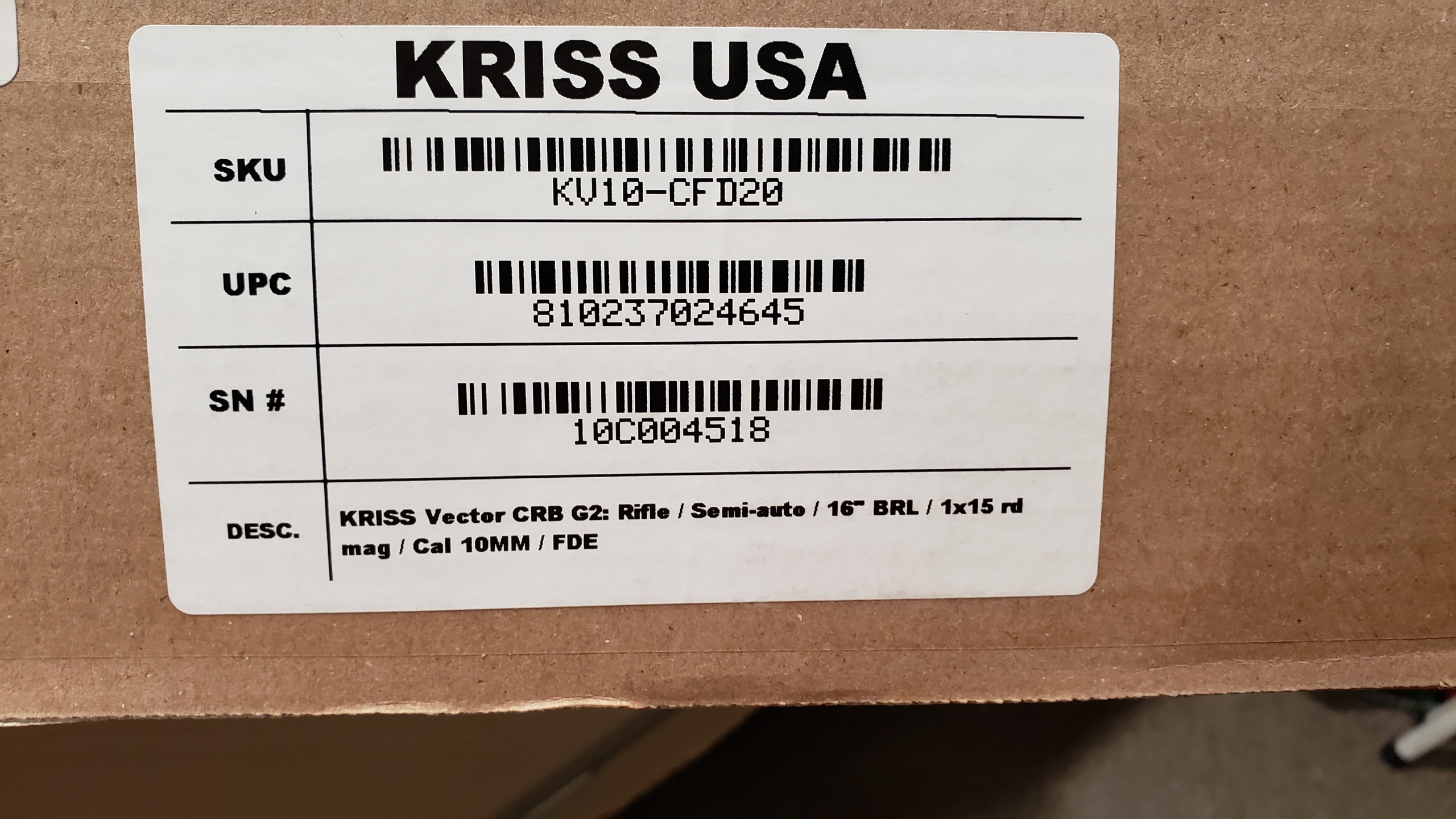 Kriss Vector CRB G2 16″ Threaded FDE 10mm KV10-CFD20 NIB | Ellis County ...
